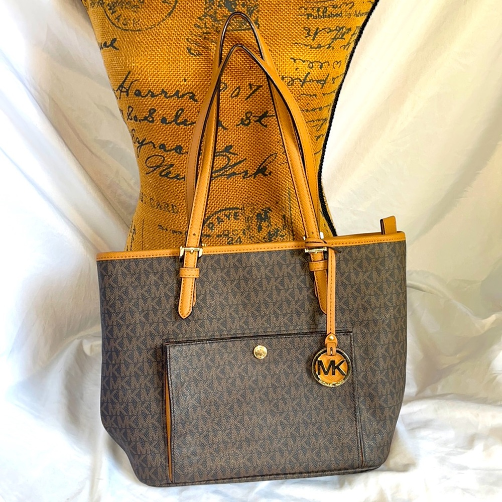 Michael Kors Brown and Tan Monogram Tote Shoulder Bag